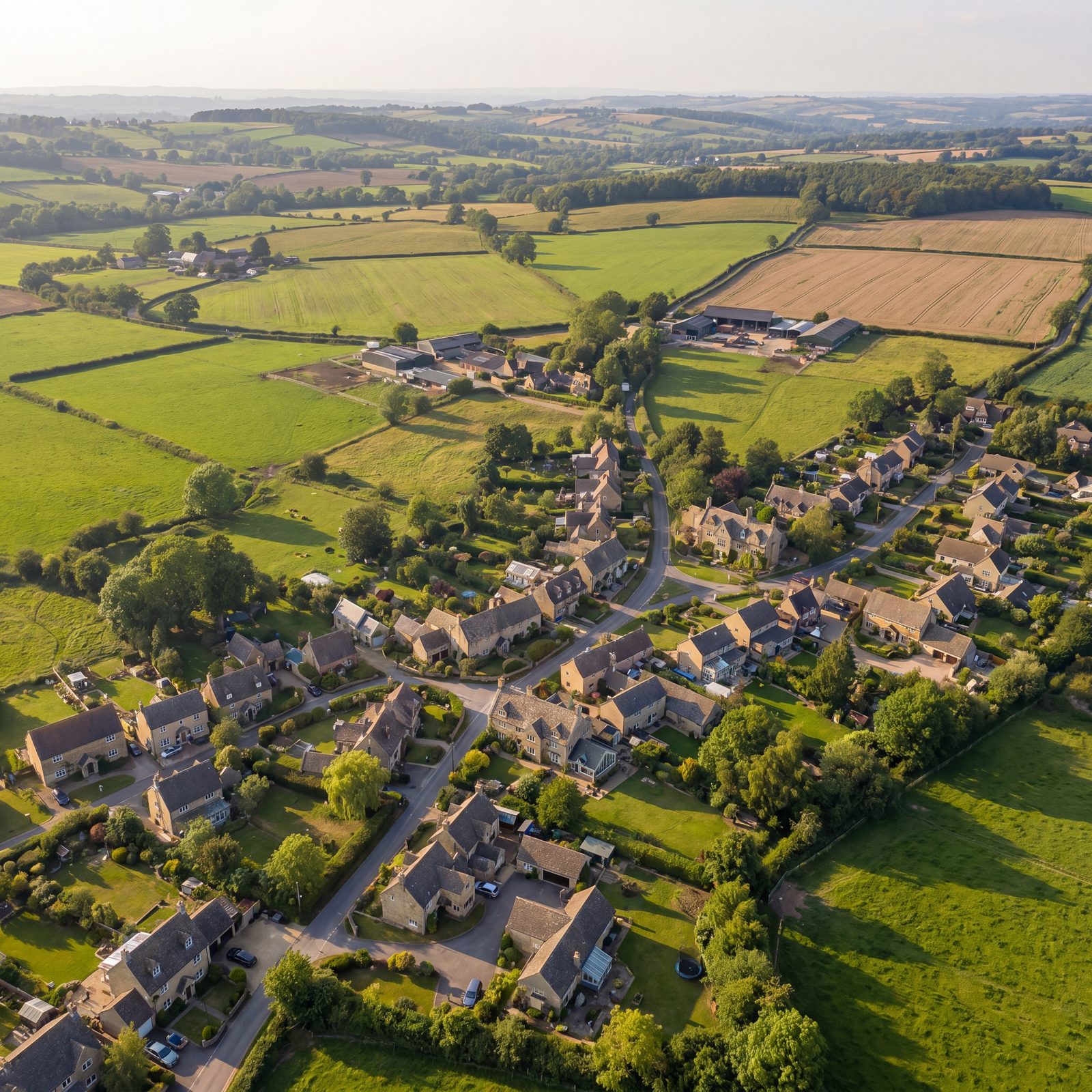 UK rural village from above with surrounding farmland
